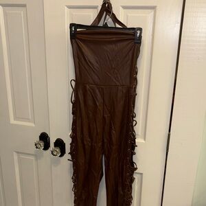 Fashion Nova Brown Leather Lace-Up Jumpsuit